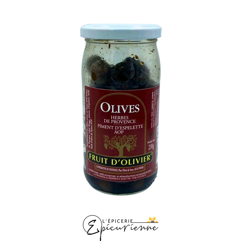 OLIVES NOIRES HERBES DE PROVENCE ET PIMENT D'ESPELETTE 