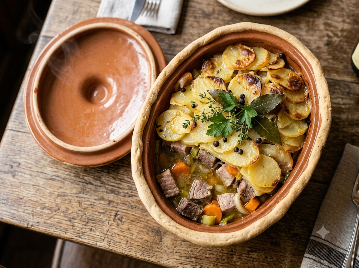 Baeckeoffe alsacien traditionnel aux 3 viandes servi dans sa terrine en terre cuite de Soufflenheim