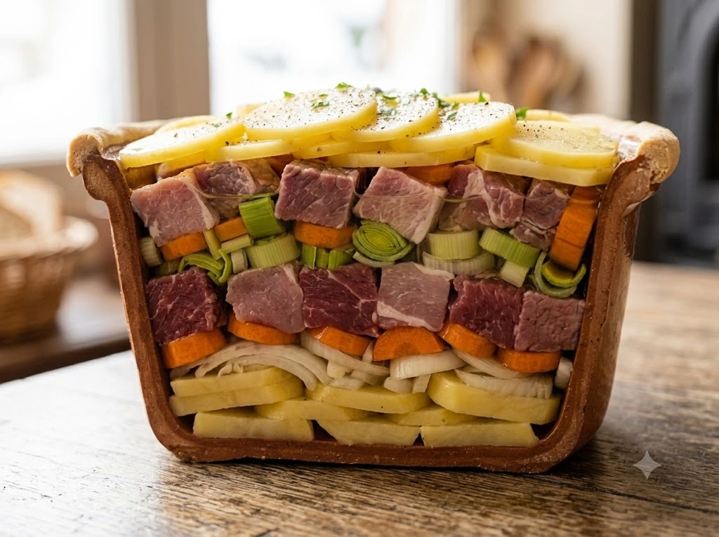 Montage en couches du baeckeoffe : pommes de terre, légumes et trois viandes marinées dans la terrine