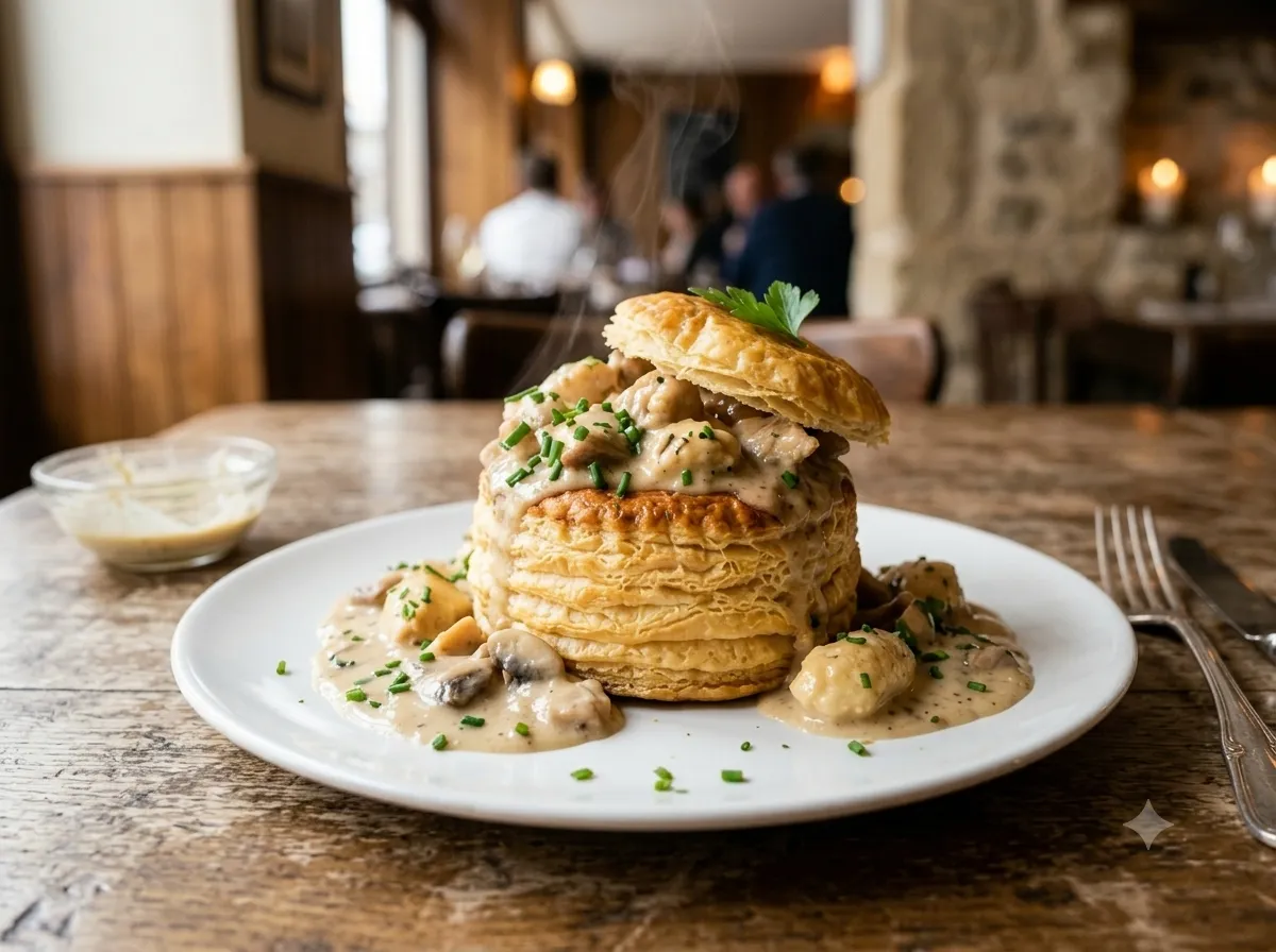 Bouchée à la reine alsacienne : croûte feuilletée garnie de volaille, champignons et sauce crémeuse