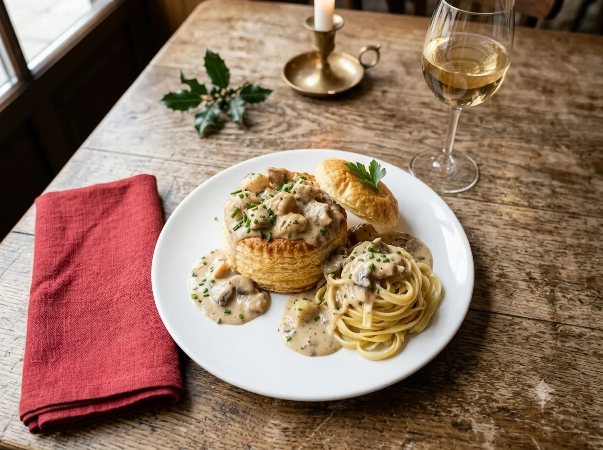 Bouchée à la reine servie à l'alsacienne avec des nüdle et un verre de pinot gris d'Alsace