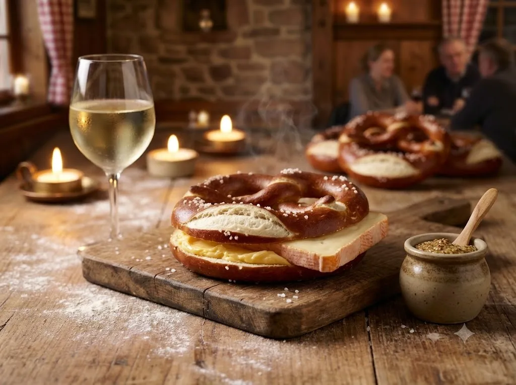 Bretzel fendu garni de beurre et de munster, servi avec un verre de vin blanc d'Alsace et de la moutarde à l'ancienne