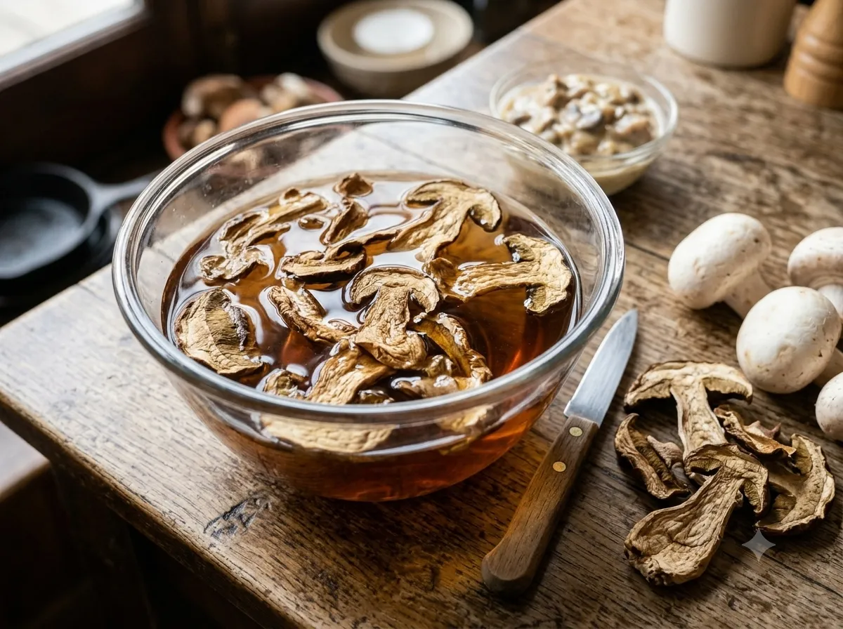 Cèpes séchés en train de se réhydrater dans un bol d'eau tiède, à côté de champignons de Paris frais