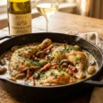 Coq au Riesling en cocotte : morceaux de volaille dorés, sauce crémeuse, champignons et lardons
