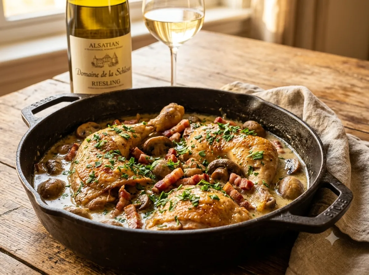 Coq au Riesling en cocotte : morceaux de volaille dorés, sauce crémeuse, champignons et lardons