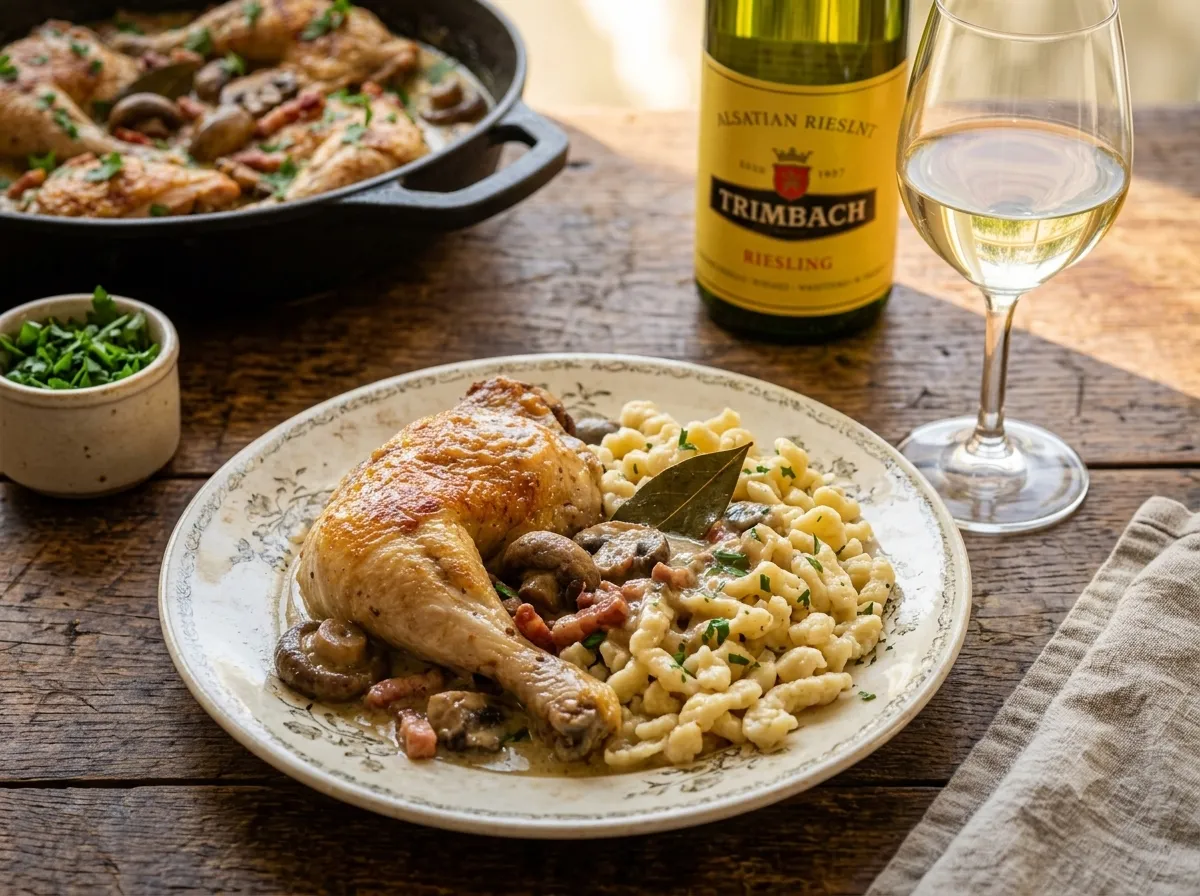 Assiette de coq au Riesling accompagné de spaetzle et d'un verre de riesling d'Alsace