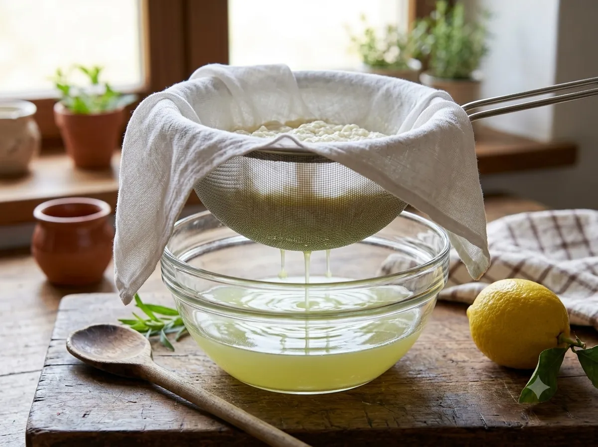 Fromage blanc s'égouttant dans une passoire garnie d'un linge au-dessus d'un saladier