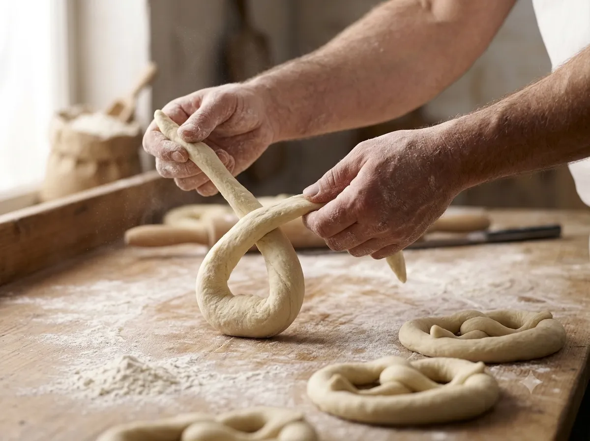 Boulanger nouant un bretzel à la main : le boudin de pâte croisé deux fois puis rabattu
