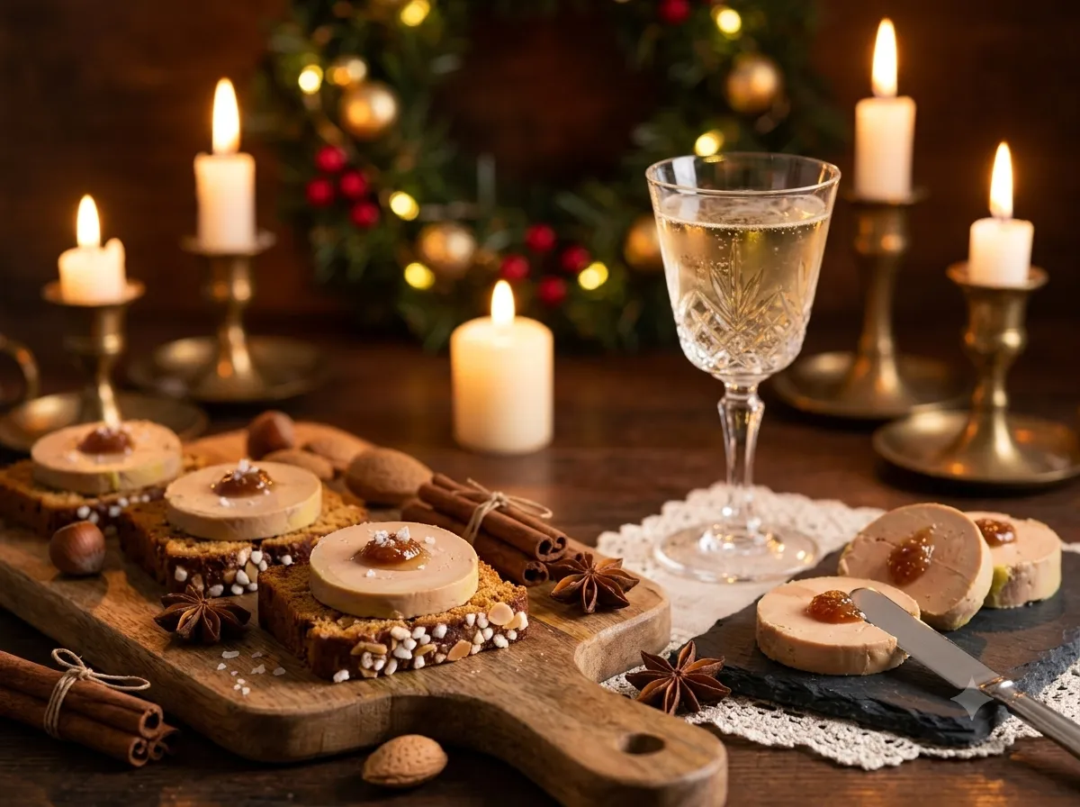 Toasts de pain d'épices au foie gras servis à l'apéritif de Noël avec un verre de crémant d'Alsace