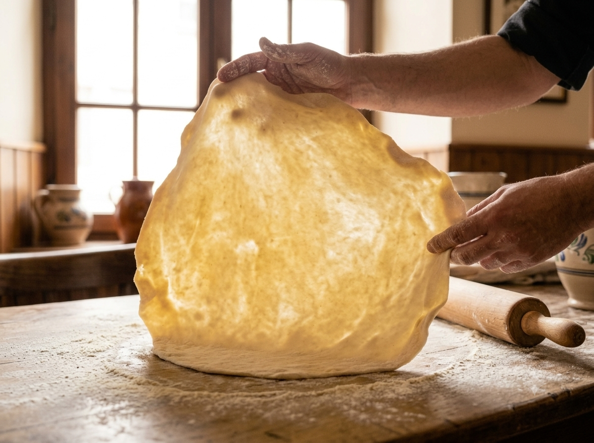 Pâte à flammekueche étalée très finement, presque translucide, sur un plan de travail fariné