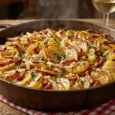 Roïgebrageldi alsacien aux lardons et oignons dans un plat en fonte