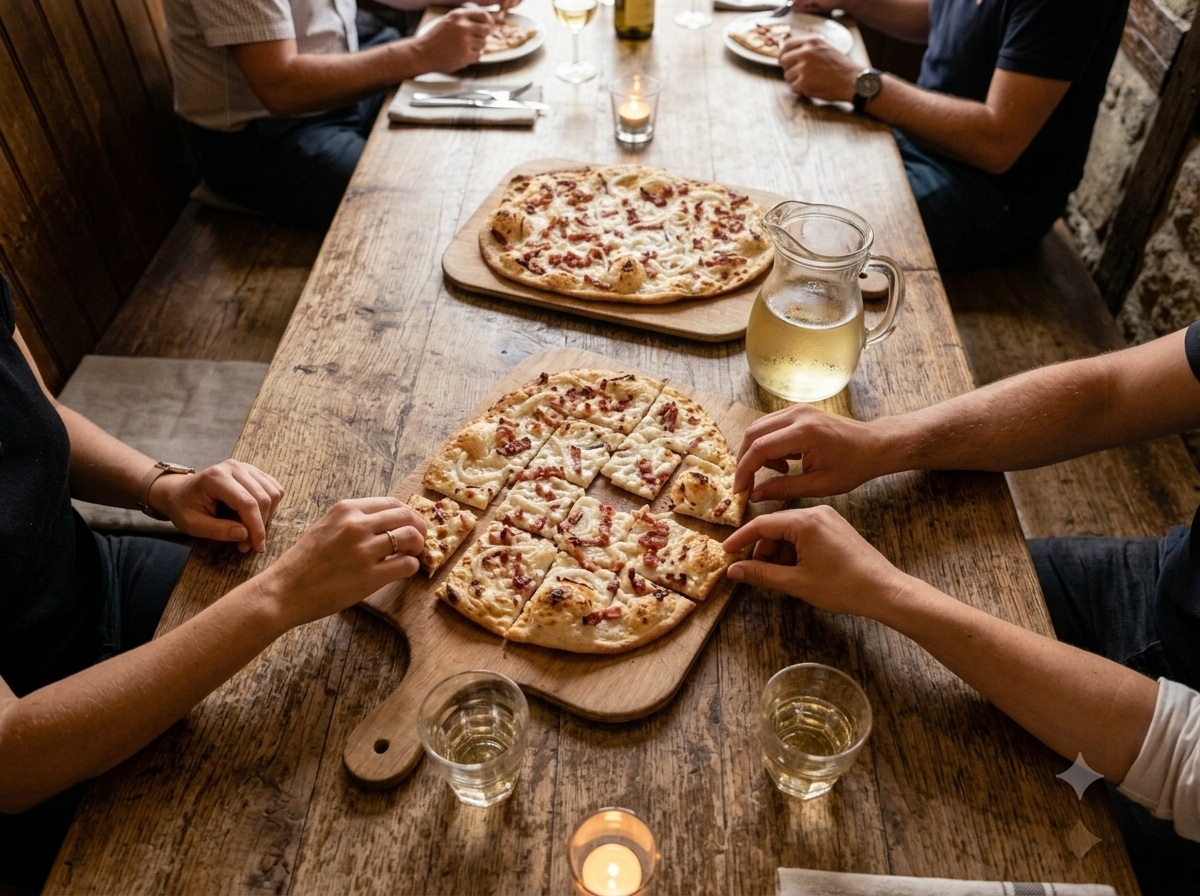 Soirée tarte flambée en Alsace : flammekueche découpées en carrés et partagées à la main autour d'une table en bois