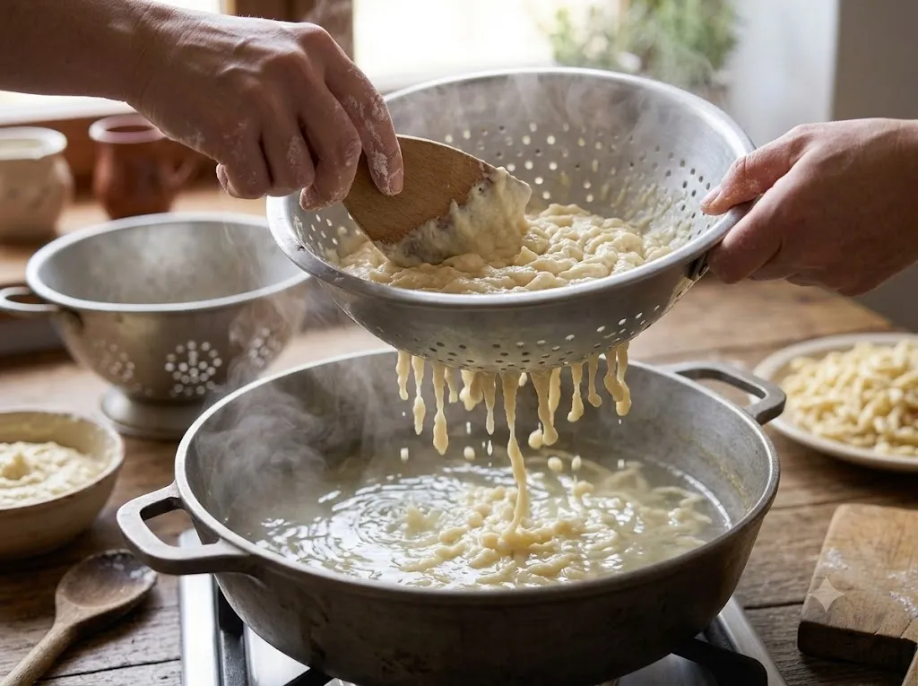 Pâte à spaetzle poussée à travers une passoire à gros trous au-dessus de l'eau frémissante