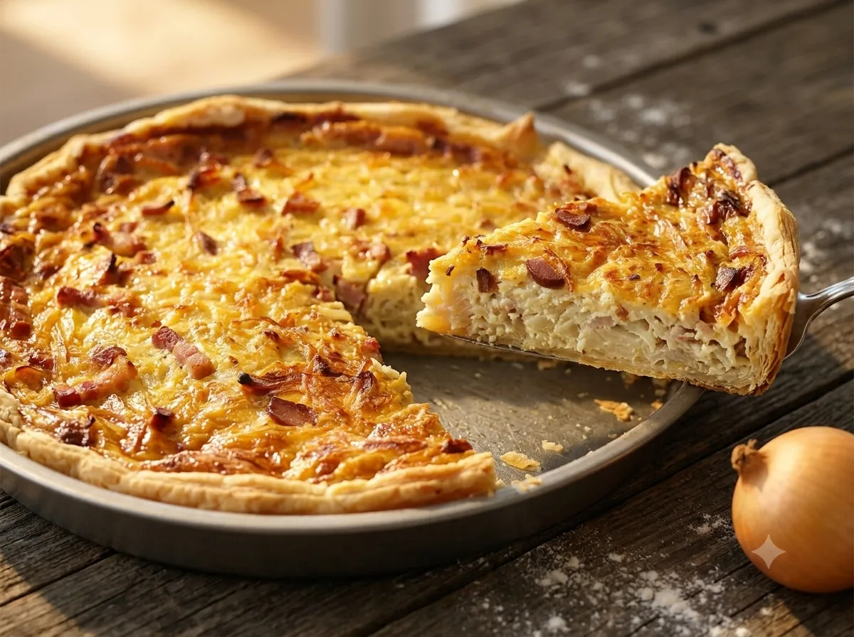 Tarte à l'oignon alsacienne dorée, une part découpée montrant la garniture crémeuse aux lardons