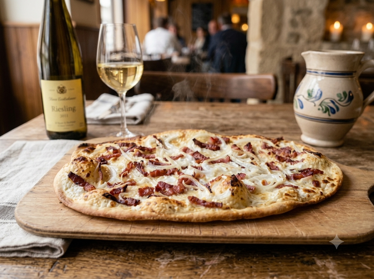 Tarte flambée alsacienne aux lardons et oignons, bords dorés, servie sur planche en bois avec un verre de riesling