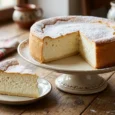 Tarte au fromage blanc alsacienne haute, texture aérienne visible sur la part découpée