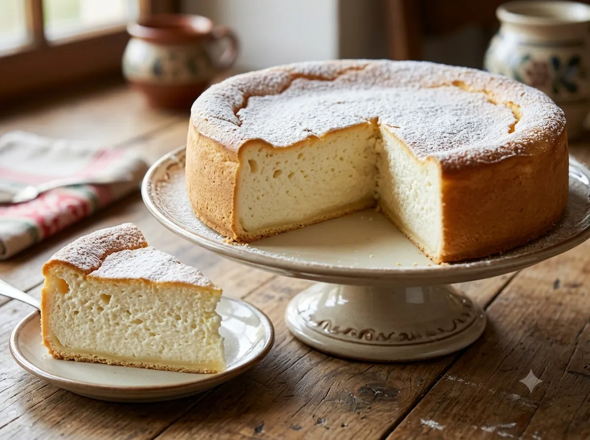 Tarte au fromage blanc alsacienne haute, texture aérienne visible sur la part découpée