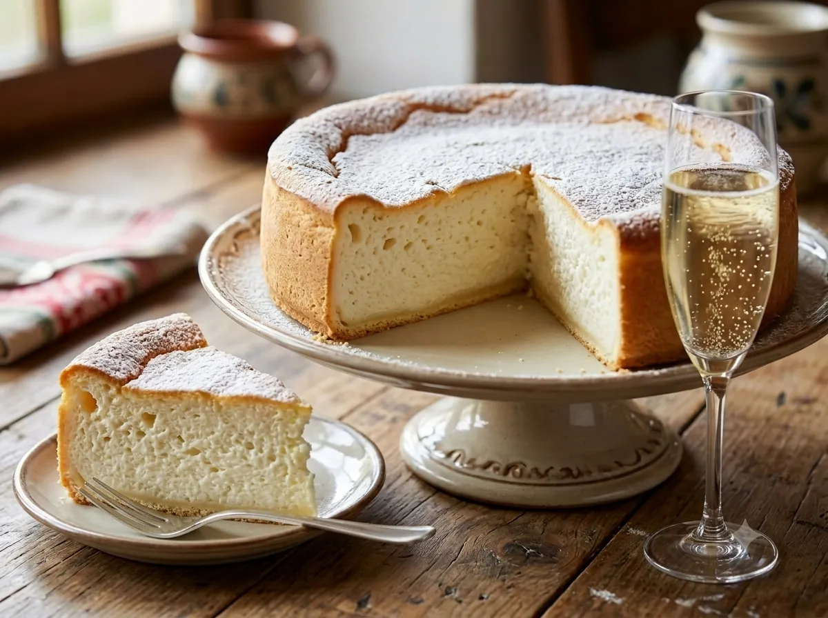 Part de tarte au fromage blanc alsacienne servie avec une flûte de crémant d'Alsace