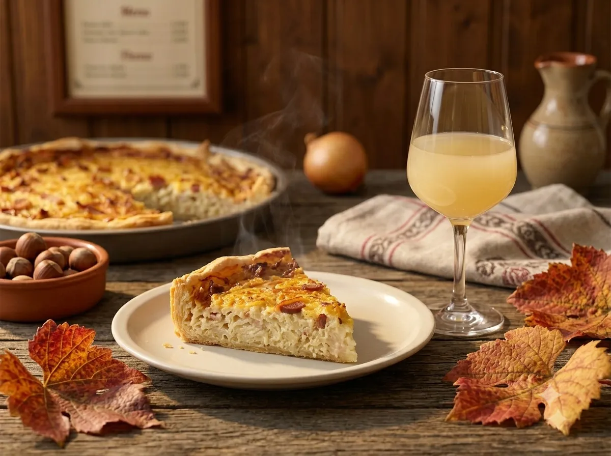 Part de tarte à l'oignon servie avec un verre de vin nouveau d'Alsace et feuilles de vigne d'automne